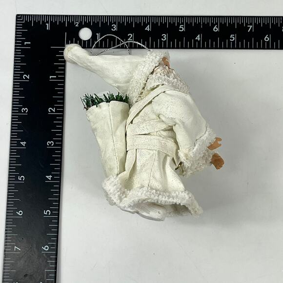 White Fabric Mache Hanging Santa Ornament Rustic Christmas Doll 5.5" Cabincore - Picture 9 of 11